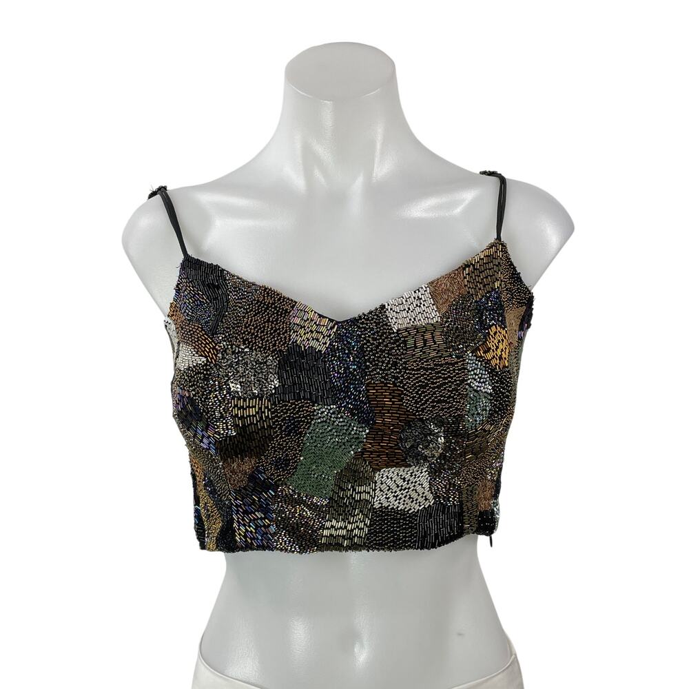 Women's Black Beaded Patchwork Mesh Sleeveless V Neck Cami Tank Crop Top Size S